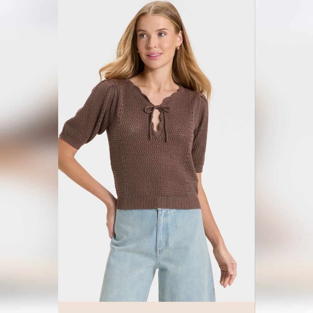 Brown Knit Sweater with Tie Neck